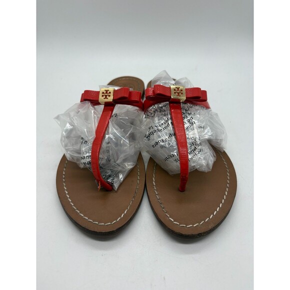 New Tory Burch Bow Thong Sandals Red Patent Leather Flat Flip Flops - Picture 1 of 11
